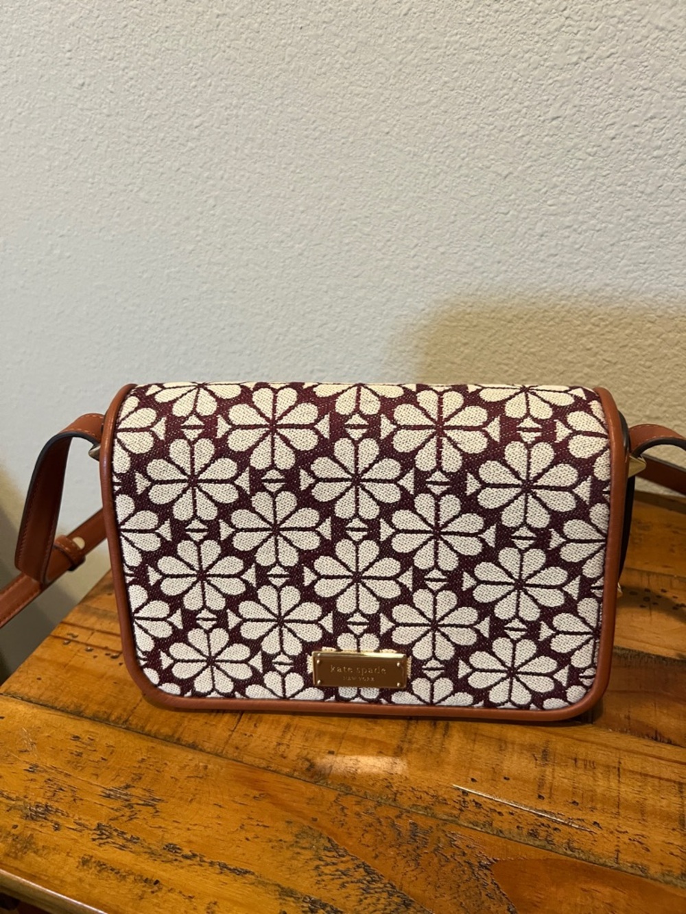 Kate Spade New York Spade Flower Jacquard Small Flap Crossbody bag Burgundy